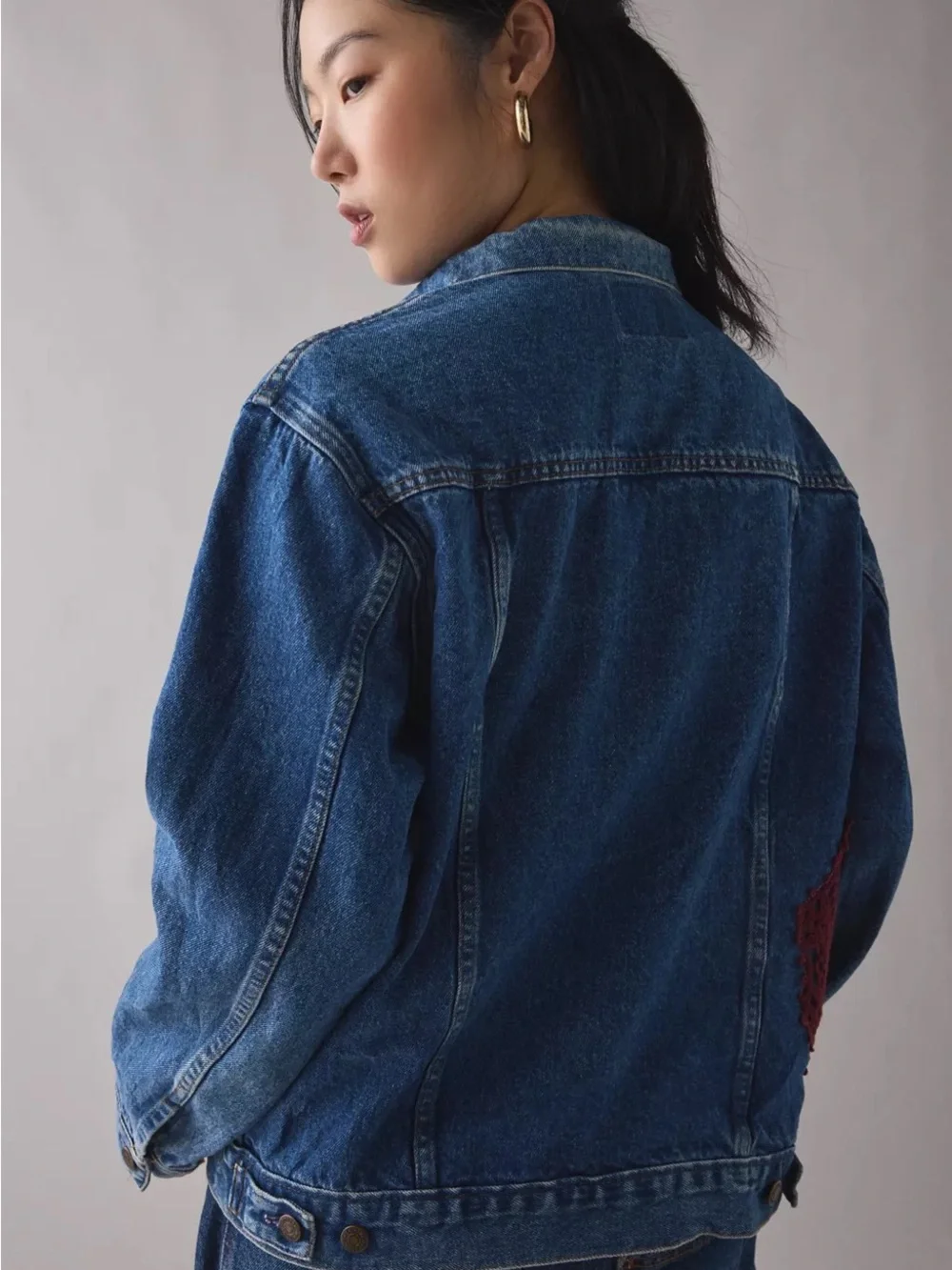 Denim Jacket with Crochet Doily Appliqués - Blue